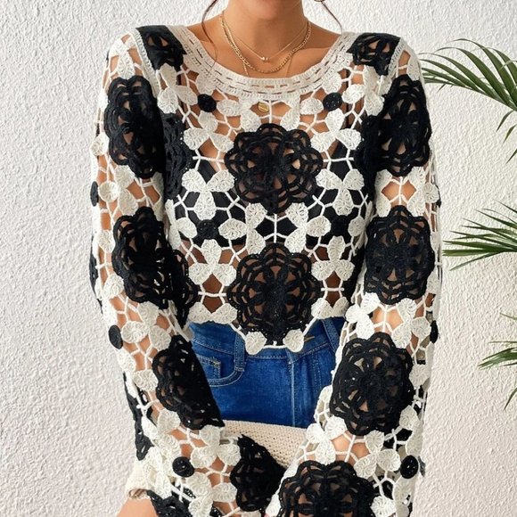 Boho Colorblock Scallop Trim Hollow Out Cover Up - Picture 3 of 5